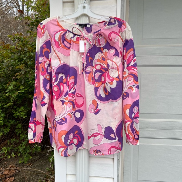 NWT Talbots Gorgeous White Pinks Purple Orange Paisley Print Tie Neck Blouse - Picture 1 of 5